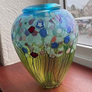 Robert Held Signed Canadian Art Glass Hand Blown Flower Bouquet Ginger Pot